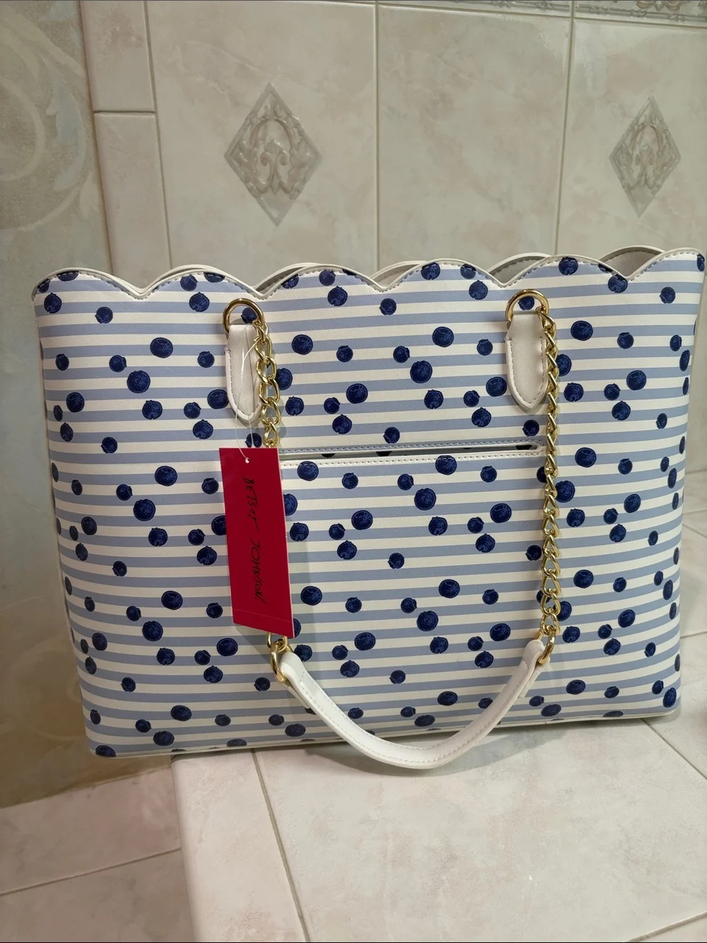 Betsey Johnson Striped Navy Blueberry Dot Tote Bag with Berry Pom Pom Charm